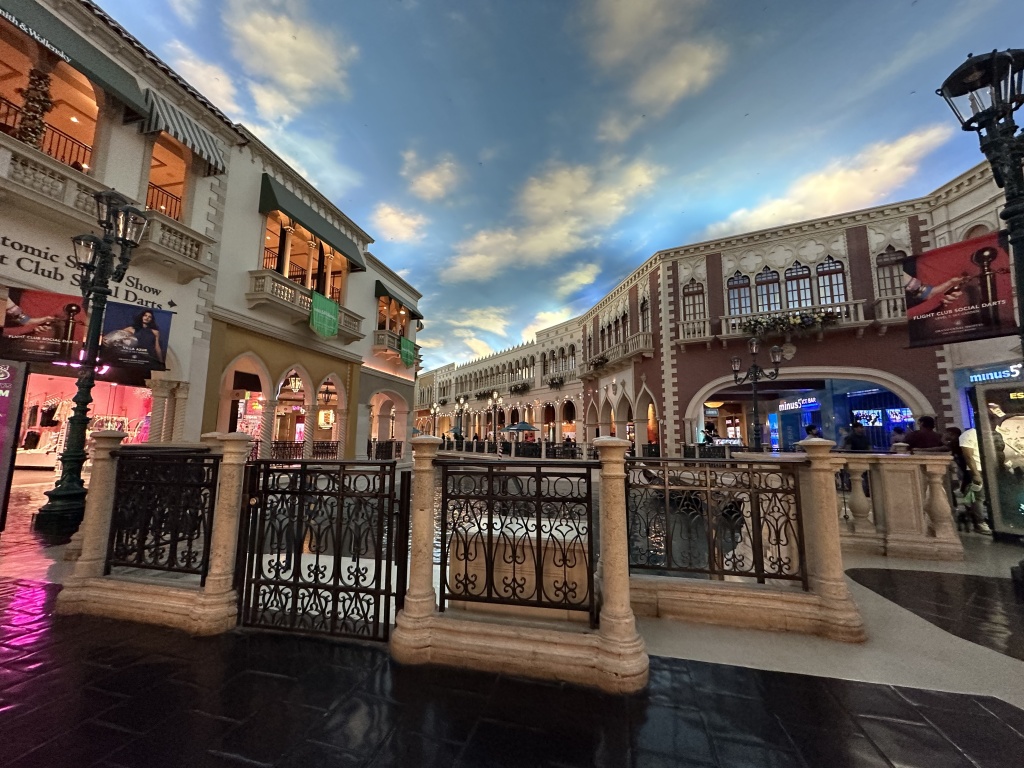 A fake Version of Venice inside the hotel as a shopping mall.  There is a blue sky painted ceiling, lampposts, and canals with gondolas in them.